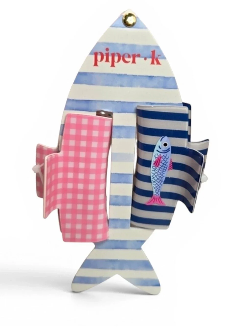 💙▪️Piper K▪️ Pink Plaid and Blue Striped Fish Print Hair Claw Clip Set Of 2